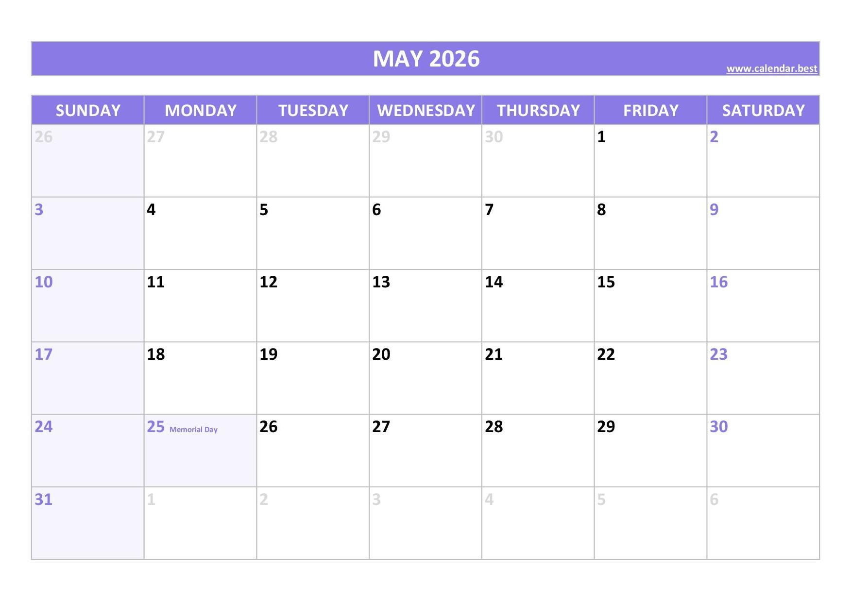 Printable Blank May 2026 Calendar