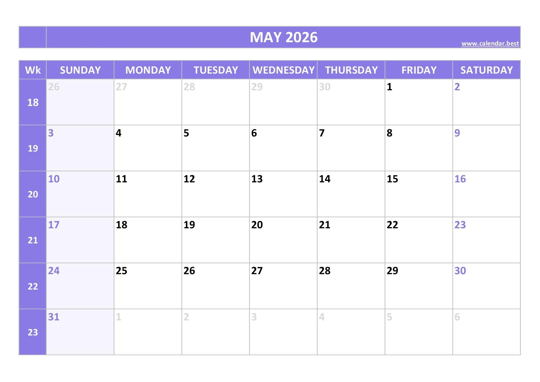Blank May 2026 Calendar Printable