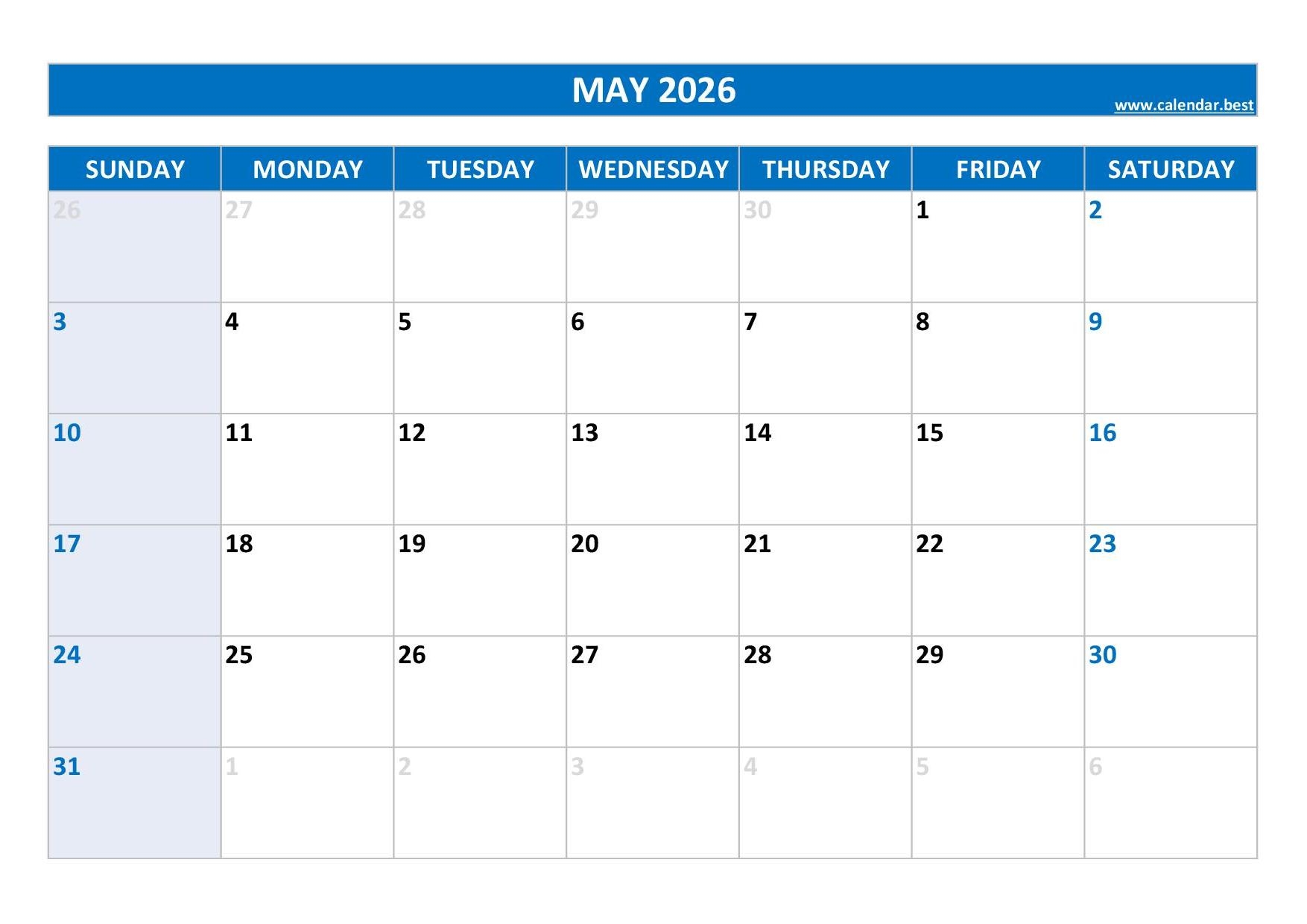 Blank Calendar For May 2026 Printable