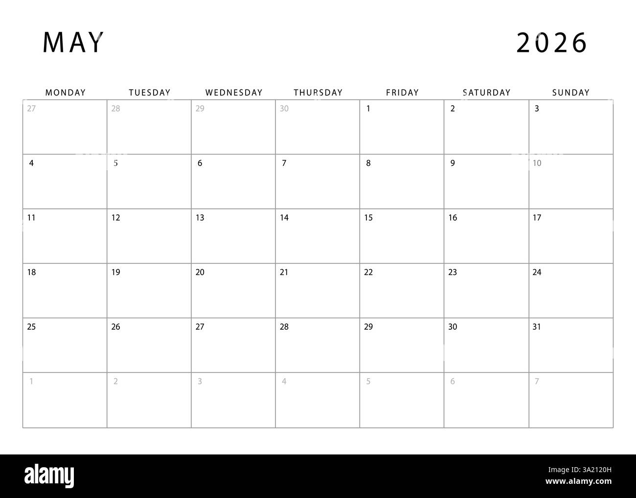 May 2026 Calendar Monthly Planner Template Monday Start Vector Design Stock Vector Image Art Alamy