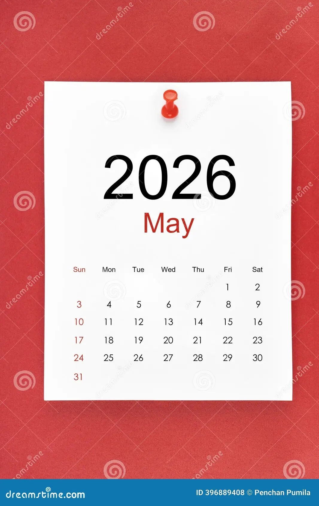 May 2026 Calendar Page With Push Pin On Red Color Background Stock Photo Image Of Thumbtack Vertical 396889408