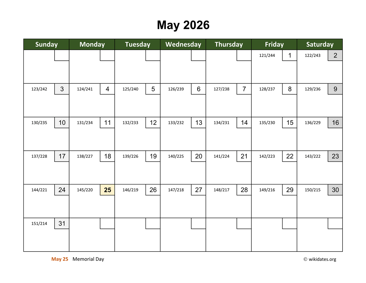 Blank Calendar 2026 May Printable