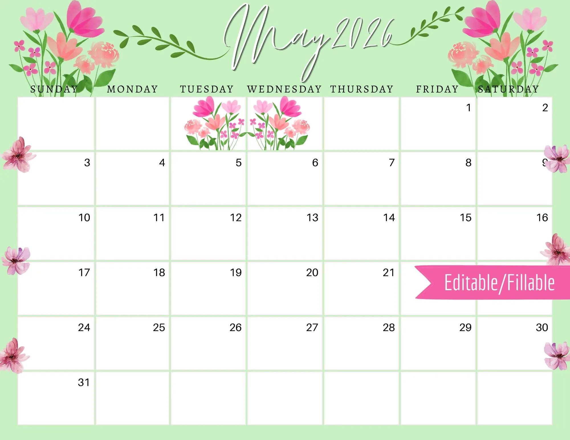 May 2026 Digital Calendar Green And Pink May Flowers Planner Editable Fillable Printable Calendar For Planning PDF PNG And JPG Download Etsy
