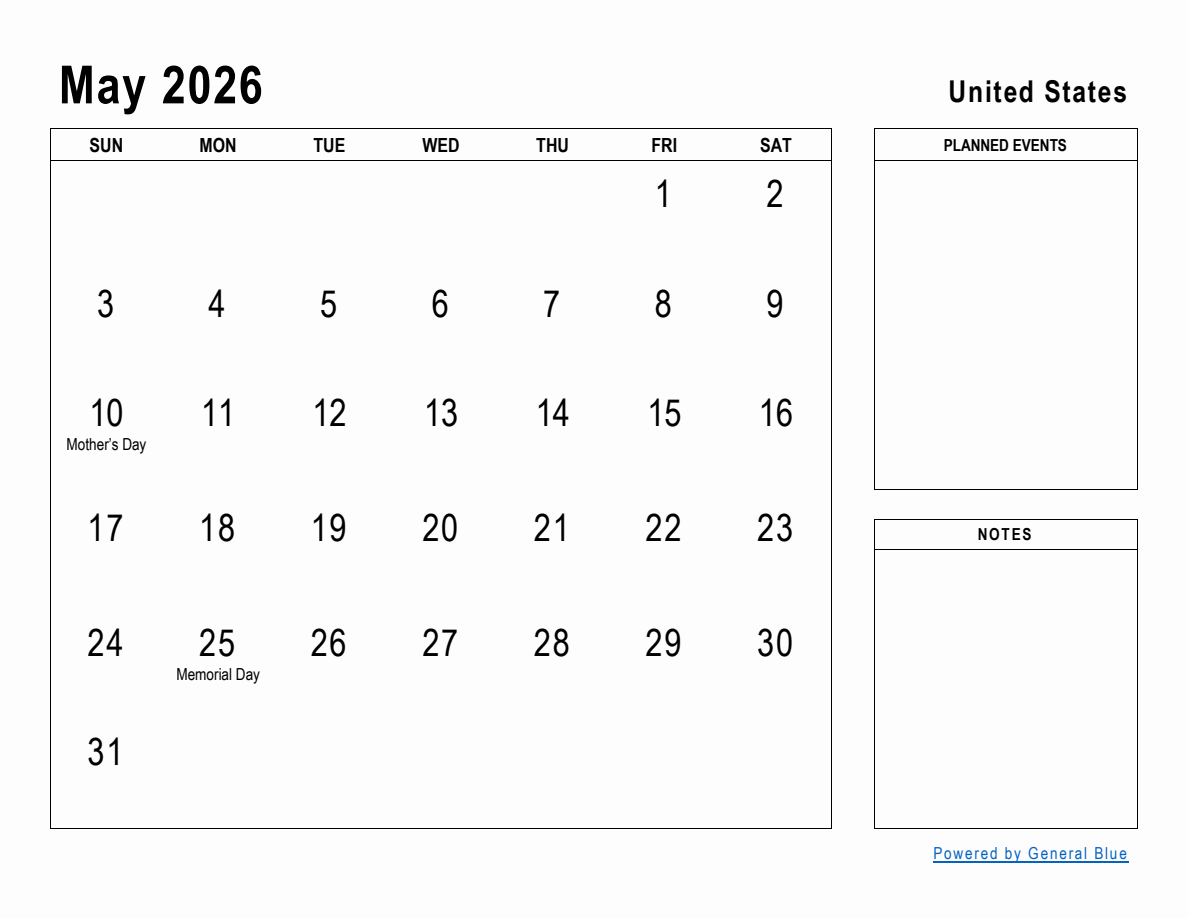 May 2026 Planner With United States Holidays