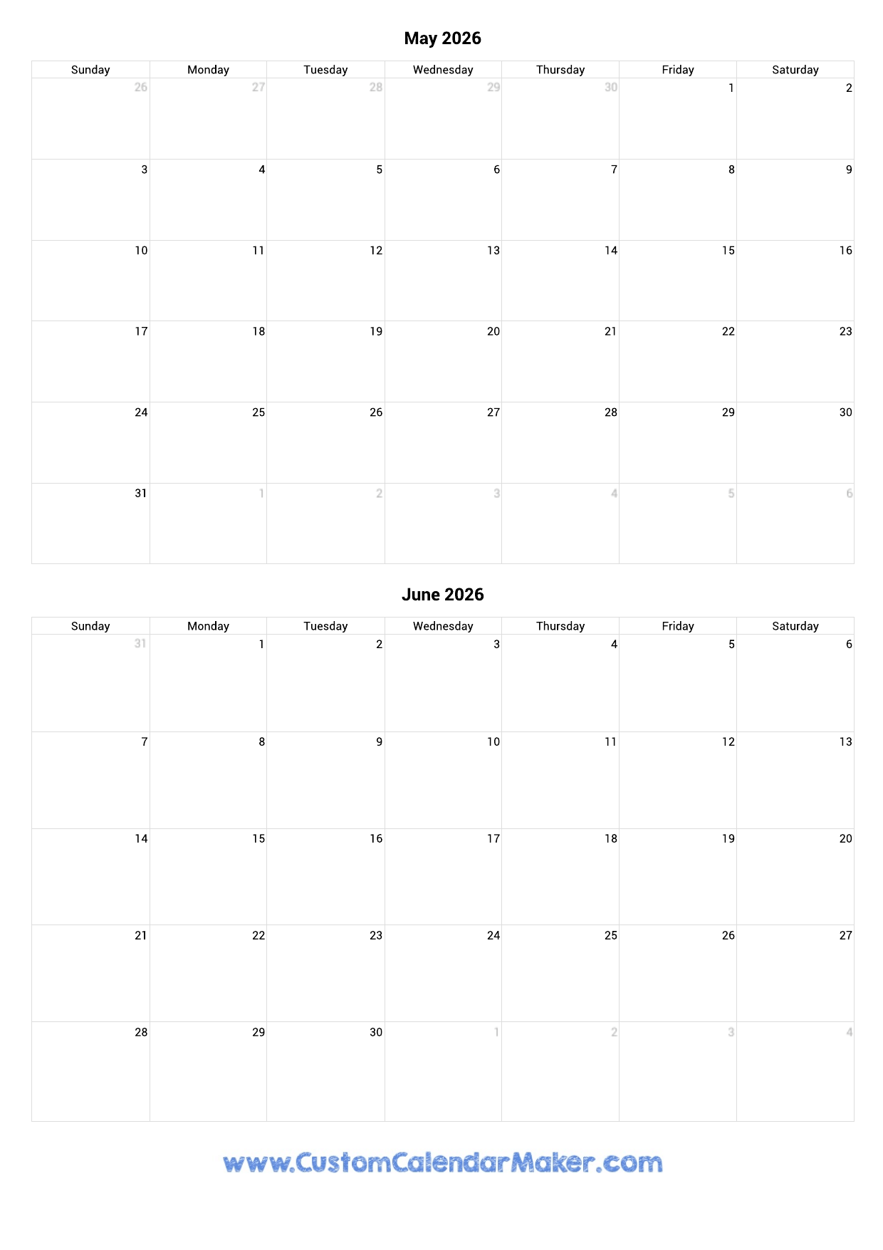 Blank Calendar 2026 May June July Blank Calendar 2026 May June July