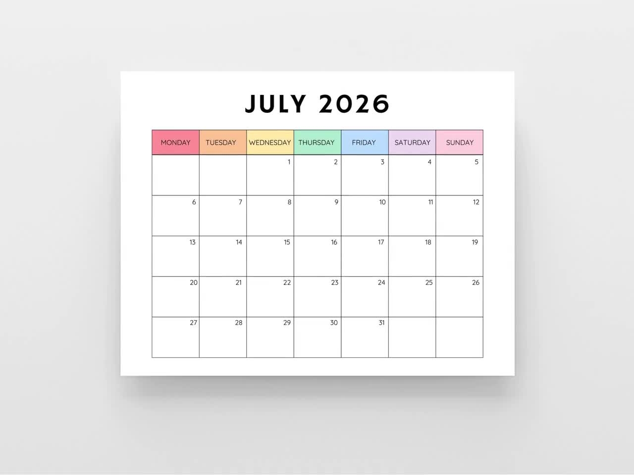 July 2026 Printable Blank Calendar