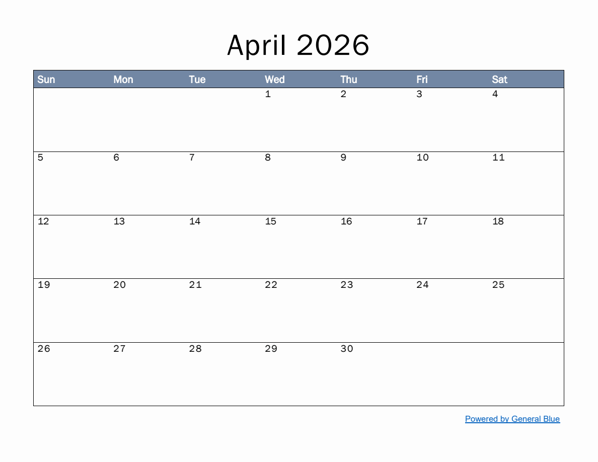 Monthly Calendar Template For April 2026 Monthly Calendar Template For April 2026