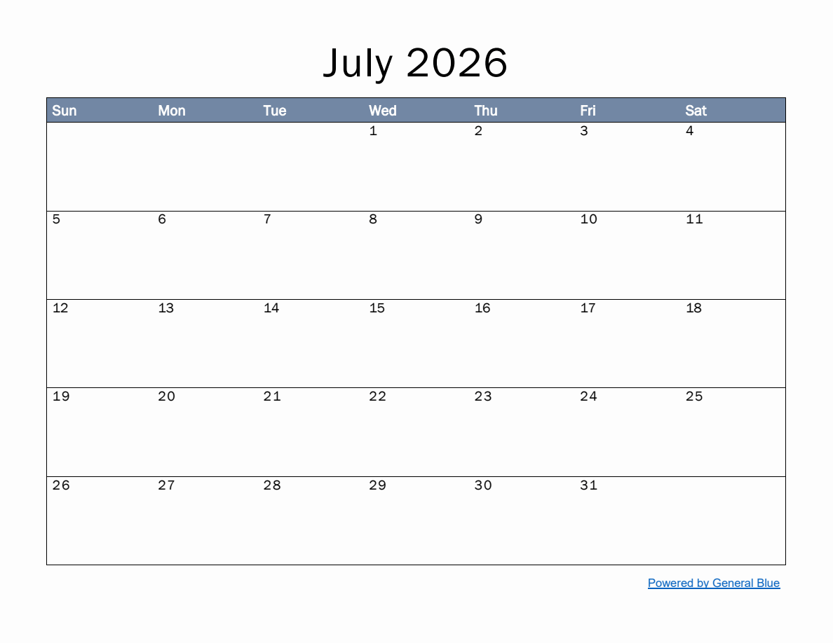 Blank July Calendar 2026 Landscape Blank July Calendar 2026 Landscape