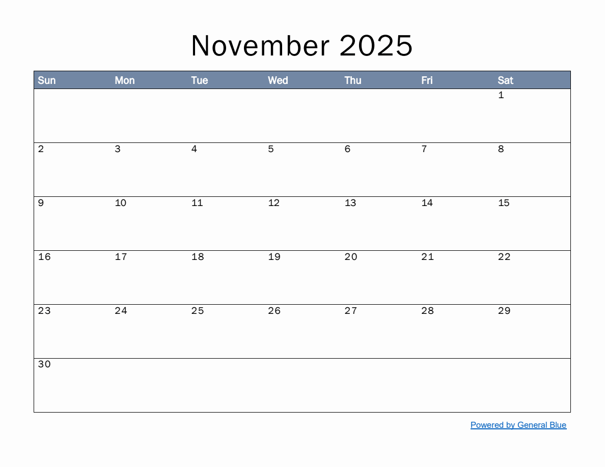 Monthly Calendar Template For November 2025 Monthly Calendar Template For November 2025