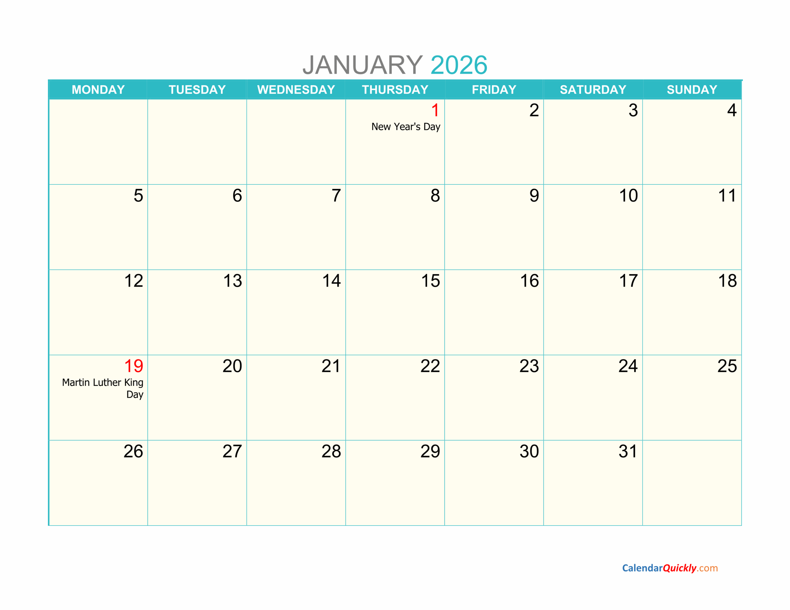 Free Printable Monthly Calendar 2026 Free Printable Monthly Calendar 2026