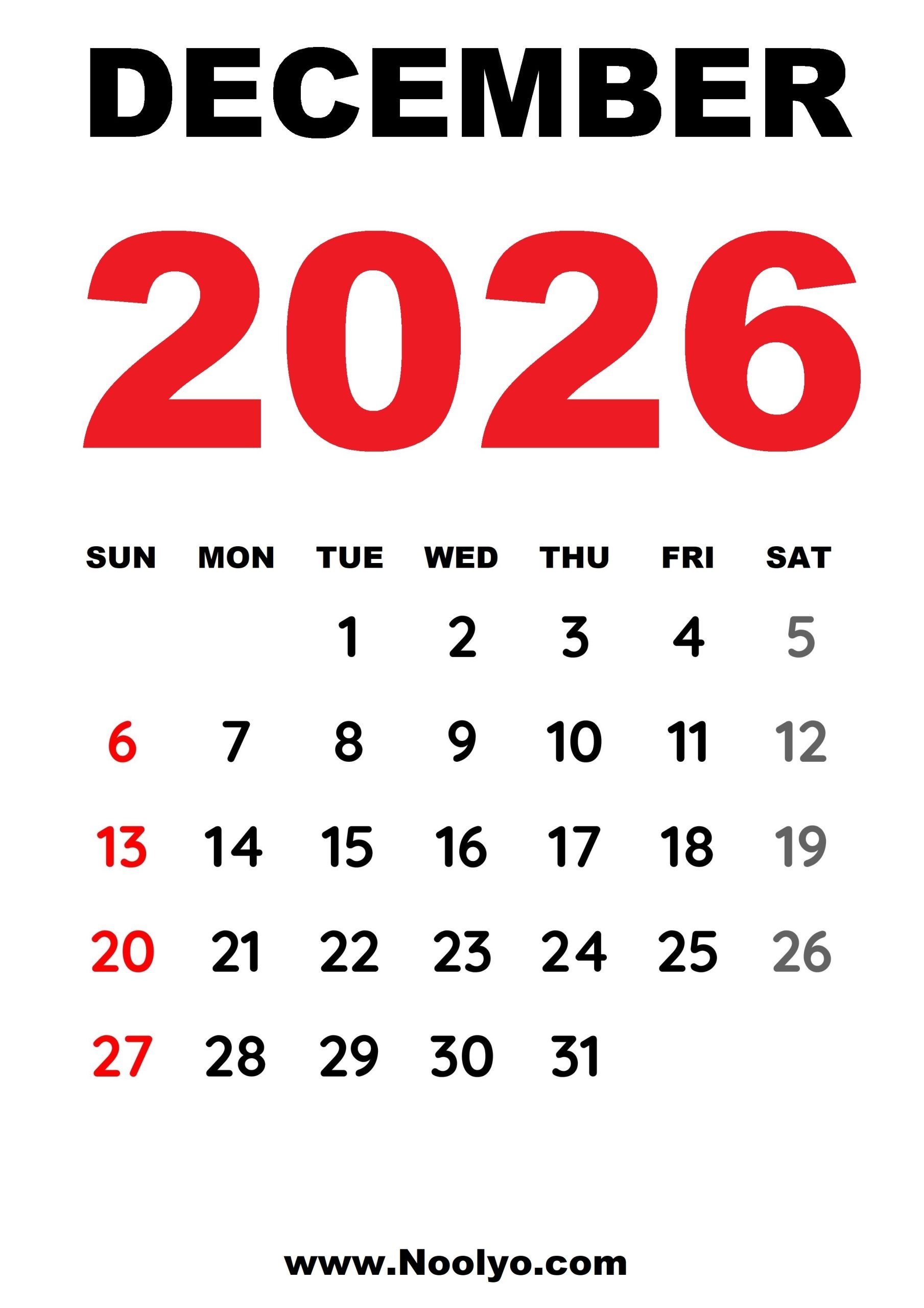Free Printable Blank December 2026 Calendar