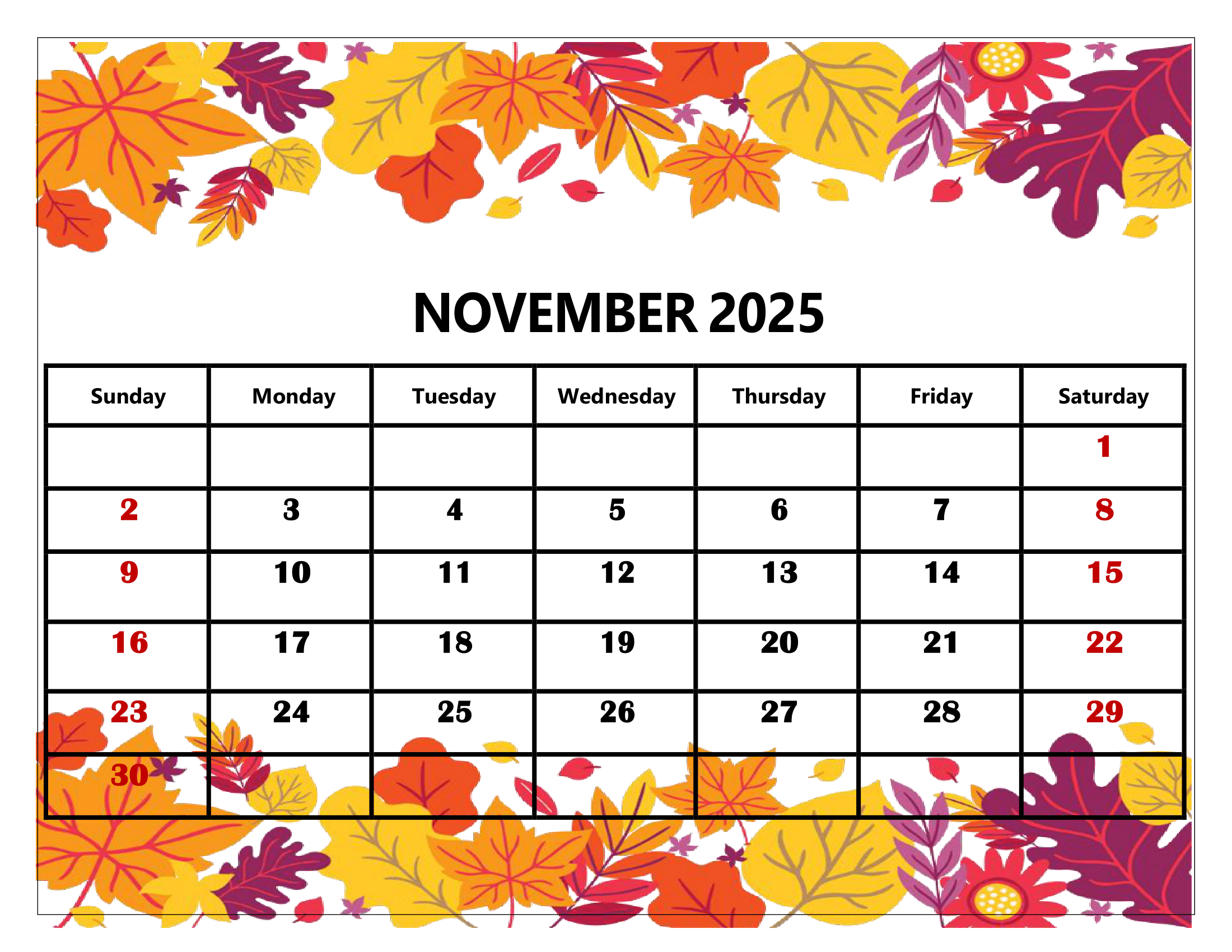 November 2025 Calendar Printable PDF Template With Holidays November 2025 Calendar Printable PDF Template With Holidays