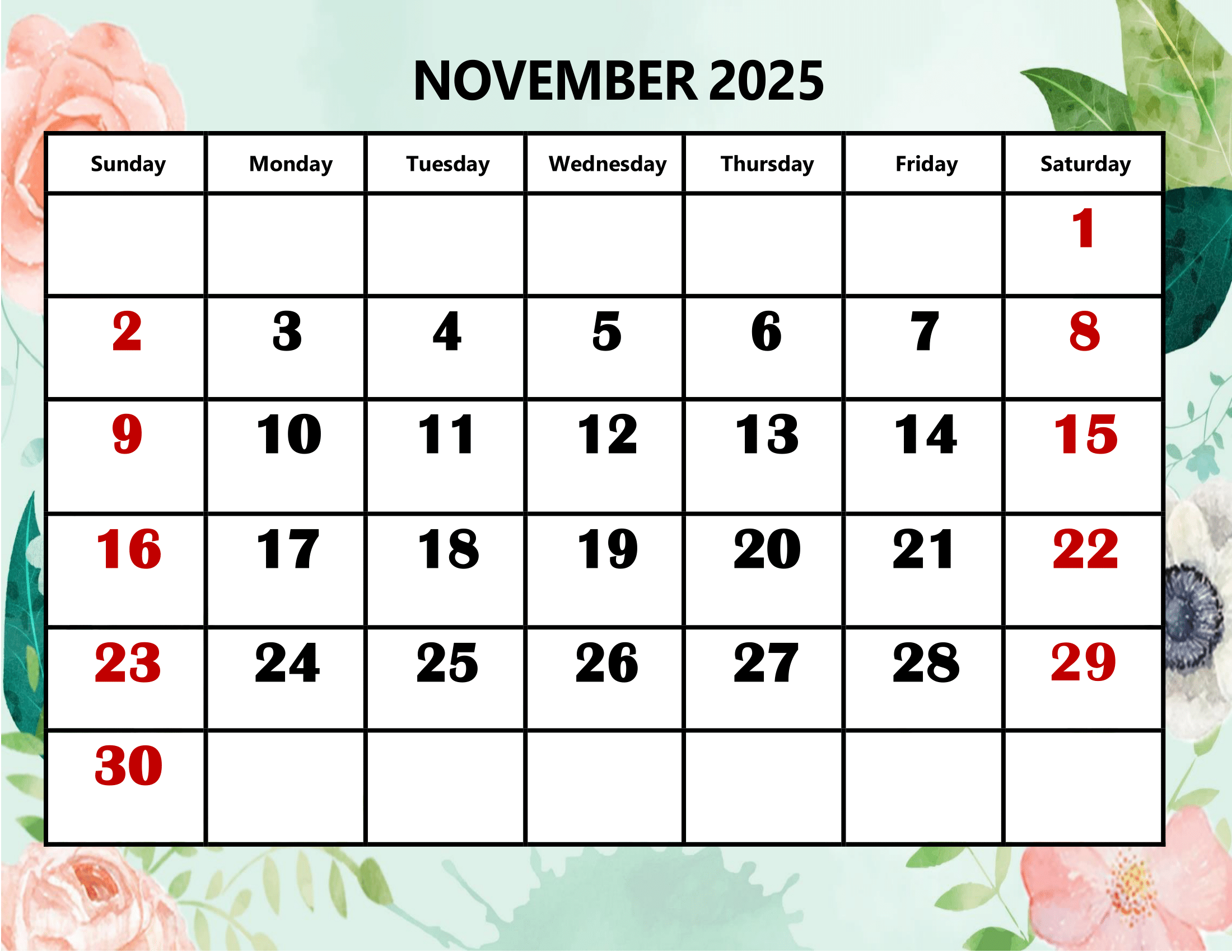 November 2025 Calendar Printable PDF Template With Holidays November 2025 Calendar Printable PDF Template With Holidays
