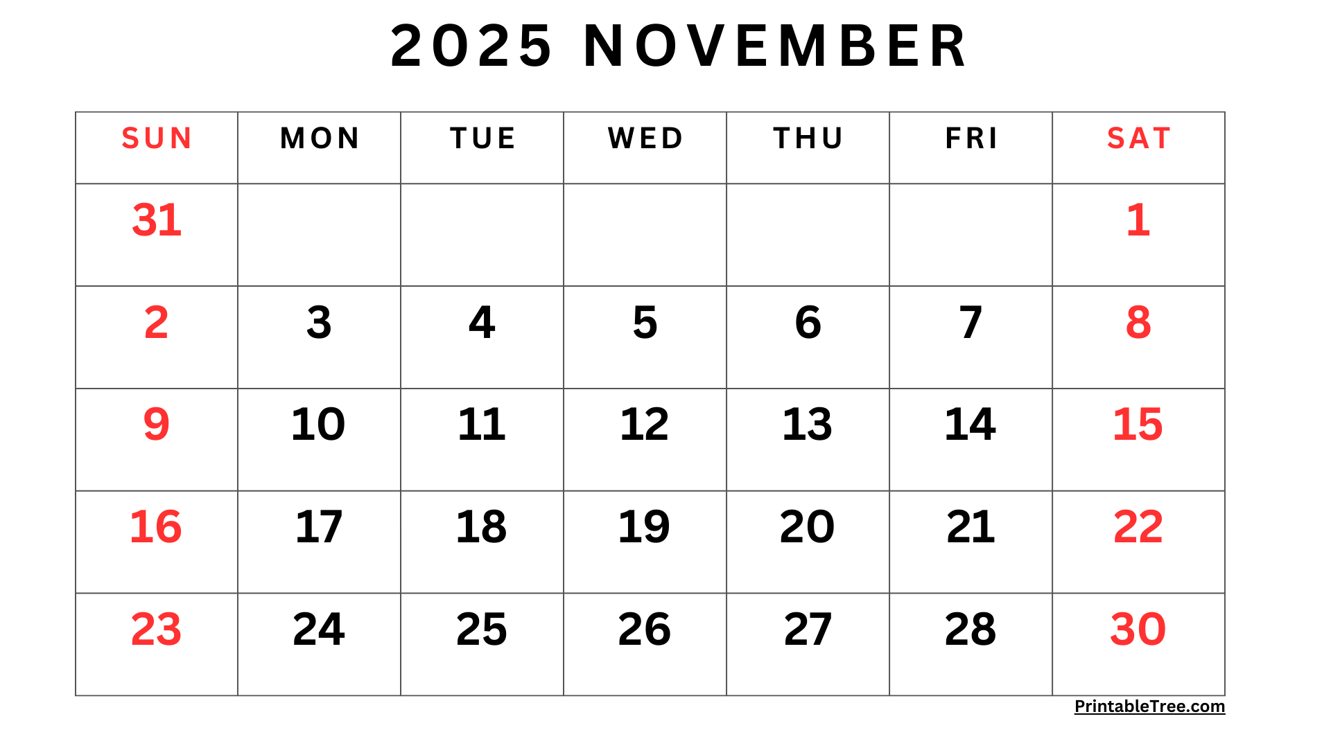 November 2025 Calendar Printable PDF Template With Holidays November 2025 Calendar Printable PDF Template With Holidays
