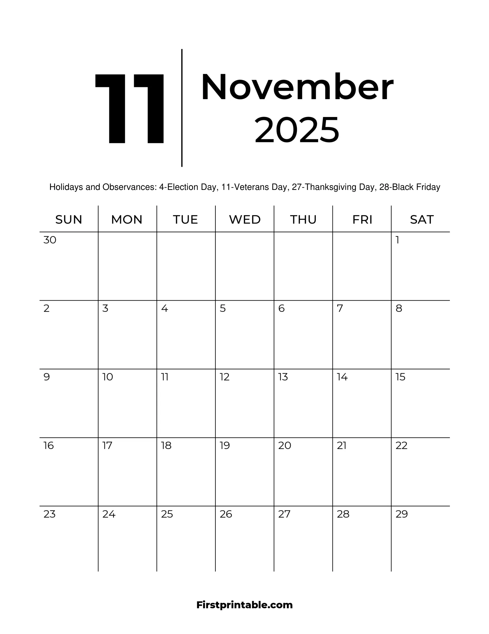 Blank Calendar November 2025 Free Printable