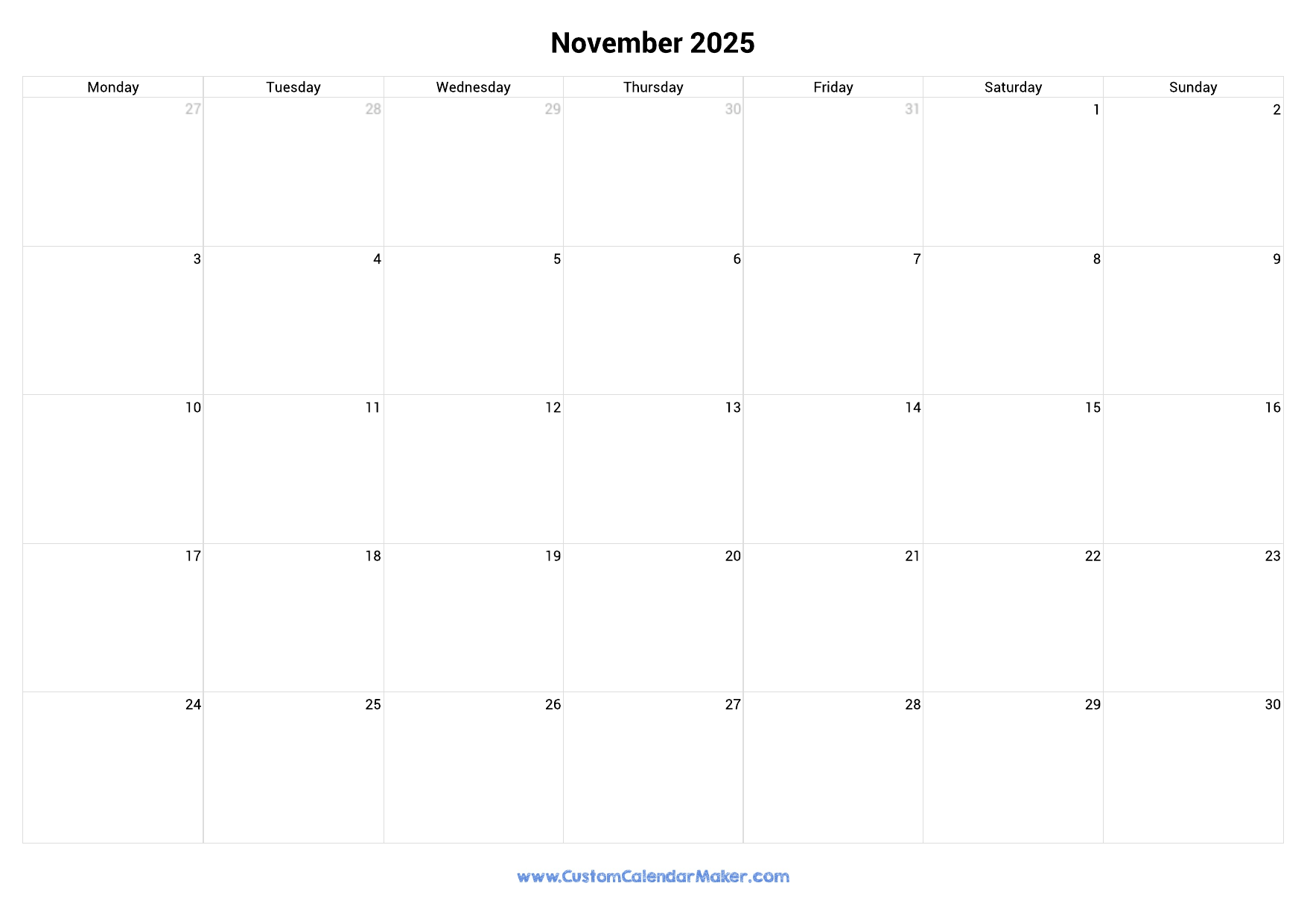 November 2025 Monday Start Calendar Monday To Sunday Custom Calendar Maker November 2025 Monday Start Calendar Monday To Sunday Custom Calendar Maker