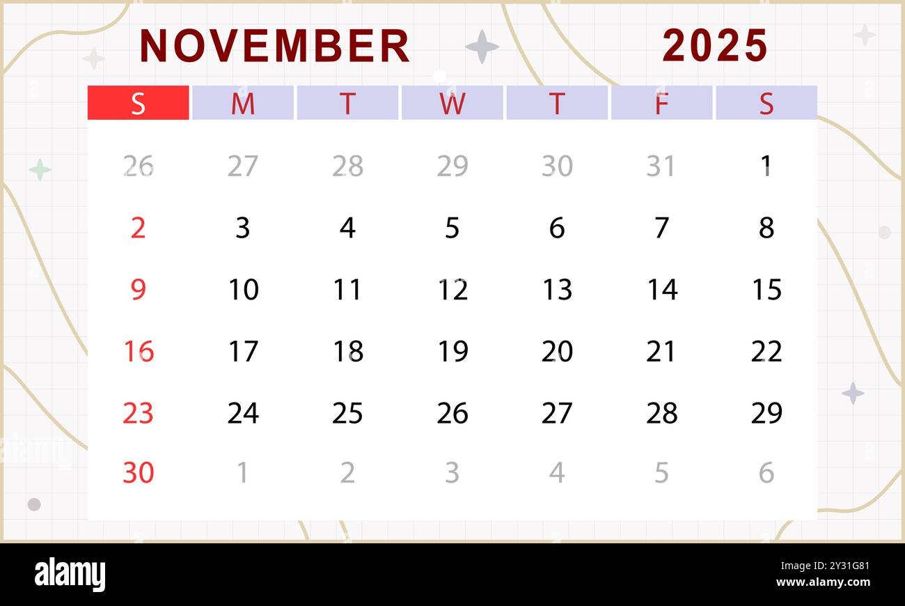 November 2025 Monthly Calendar Cute Calendar Template Sunday Start Vector Design Stock Vector Image Art Alamy November 2025 Monthly Calendar Cute Calendar Template Sunday Start Vector Design Stock Vector Image Art Alamy
