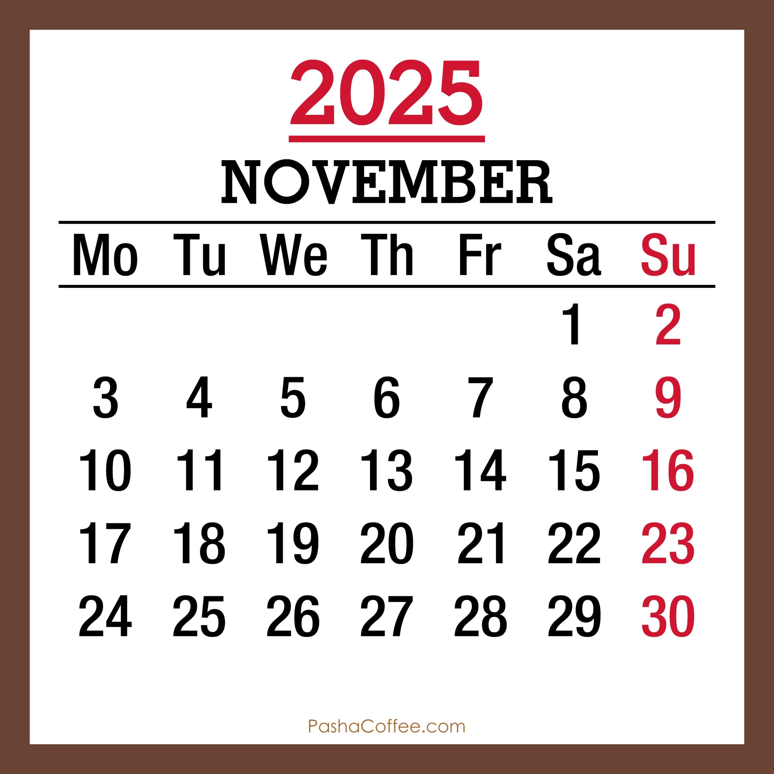 November 2025 Monthly Calendar Printable Free Brown Monday Start PashaCoffee November 2025 Monthly Calendar Printable Free Brown Monday Start PashaCoffee