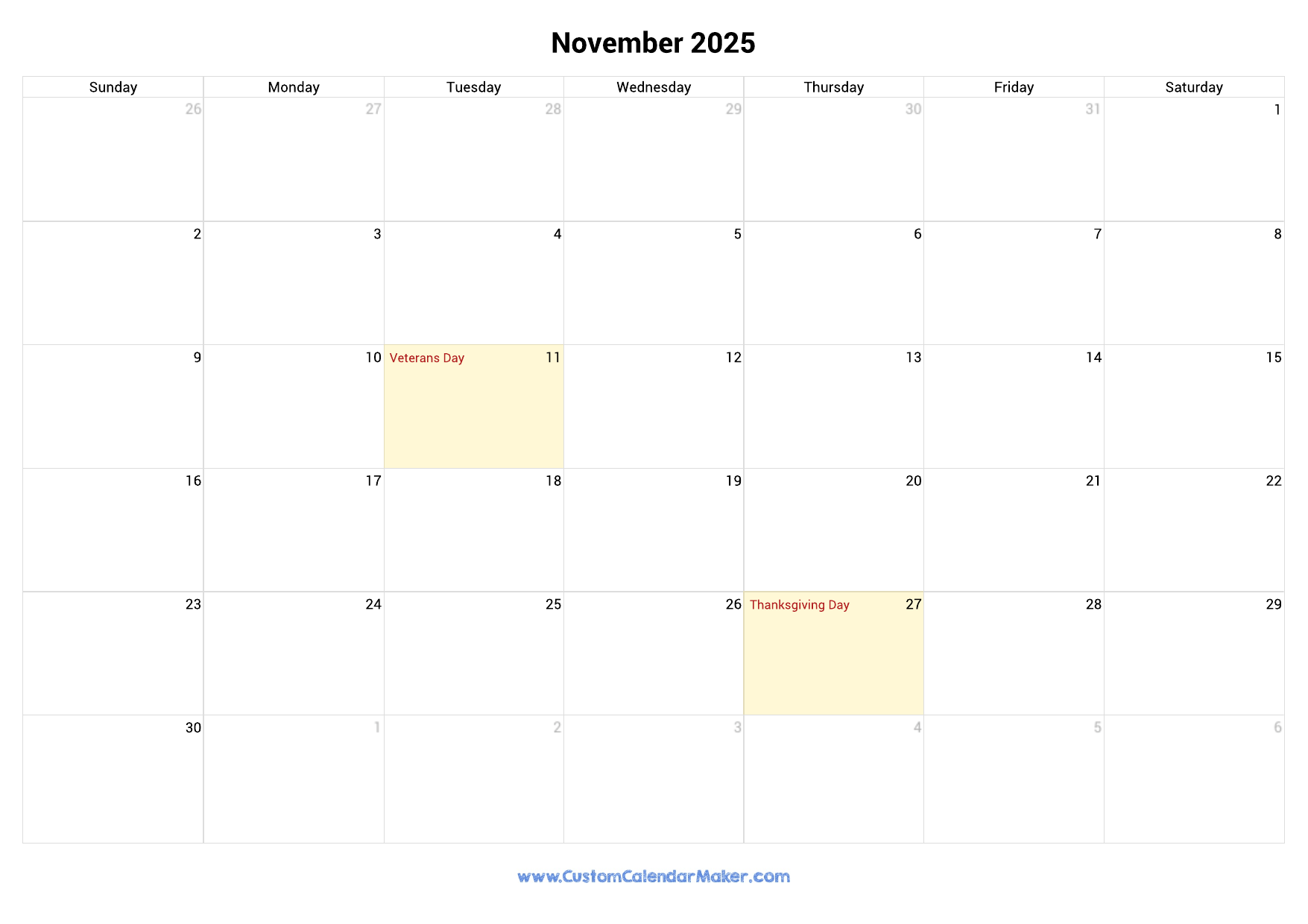 November 2025 Printable Calendar With US Federal Holidays Custom Calendar Maker November 2025 Printable Calendar With US Federal Holidays Custom Calendar Maker