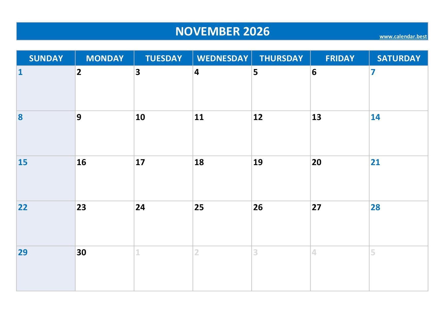 Blank Calendar Template November 2026