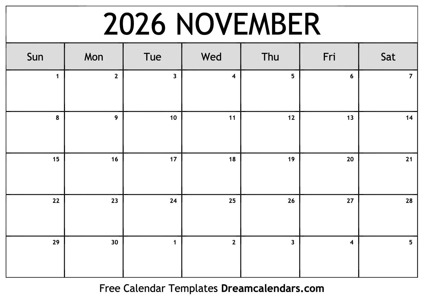 November Blank Calendar 2026 Printable Free November Blank Calendar 2026 Printable Free