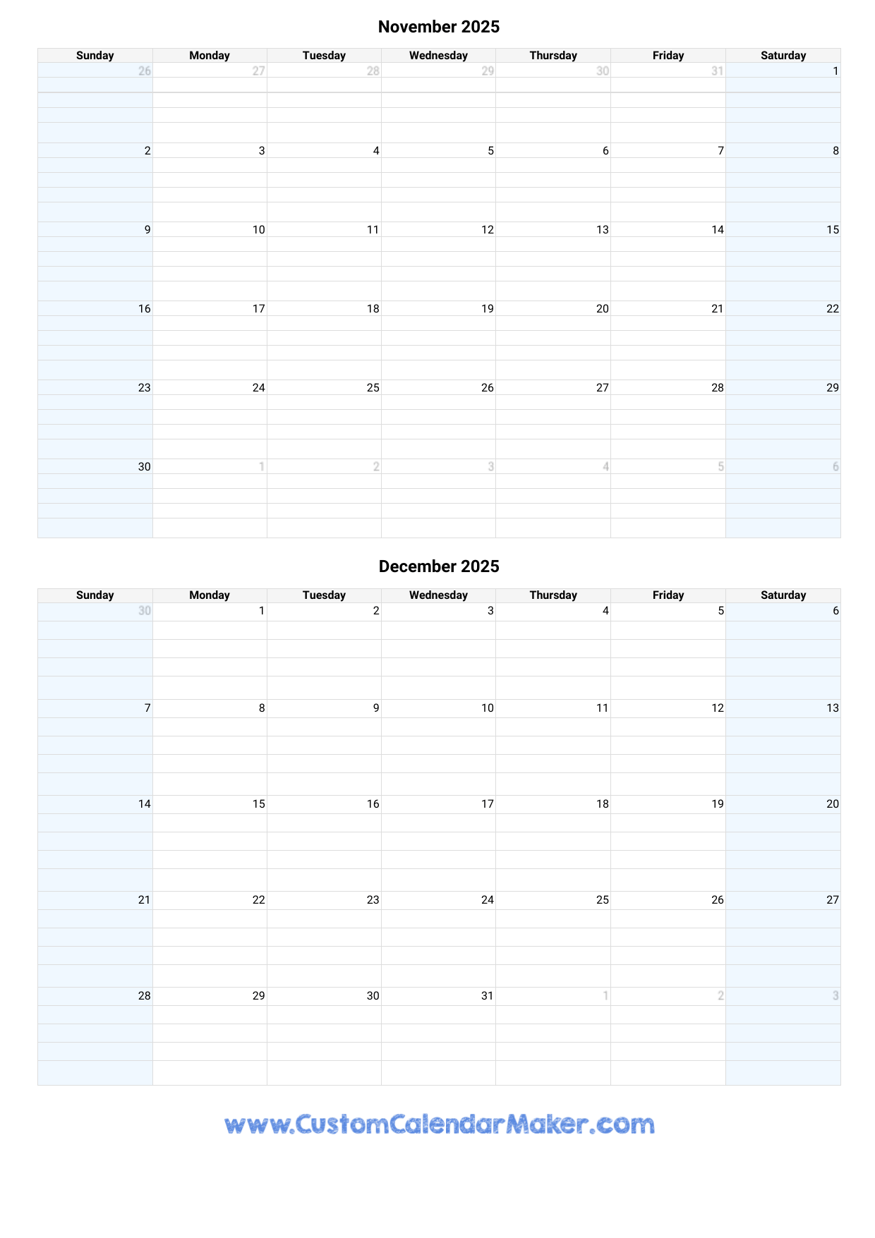 November And December 2025 Calendar Custom Calendar Maker