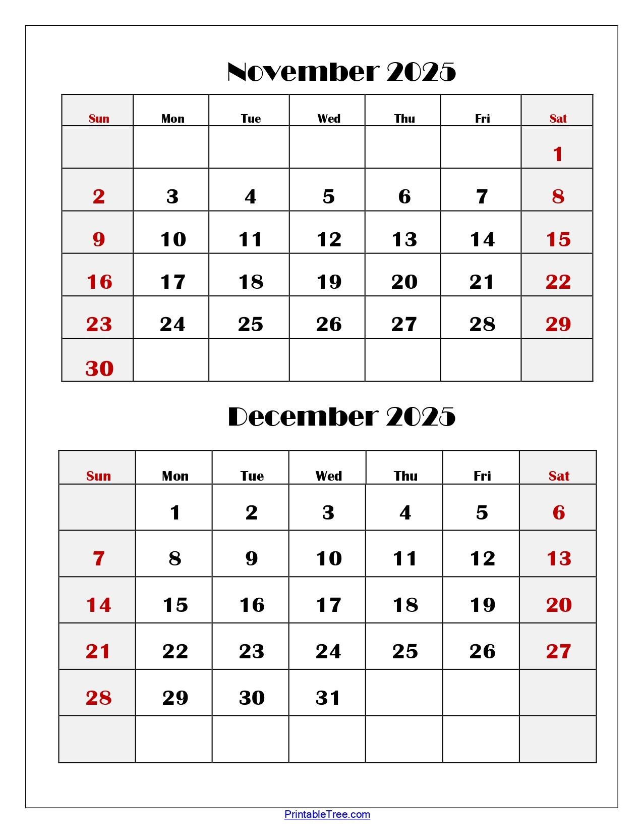 november and december 2025 calendar printable pdf two months calendar