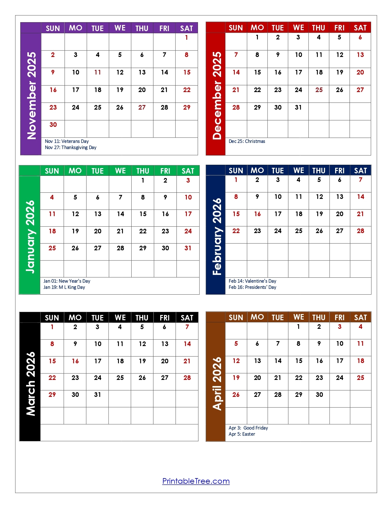 November To April 2026 Calendar Printable PDF Six Months Calendar November To April 2026 Calendar Printable PDF Six Months Calendar