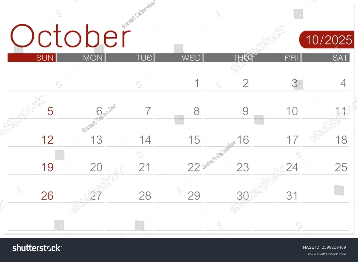 October 2025 Blank Calendar Page Isolated Stock Illustration 2599219409 Shutterstock