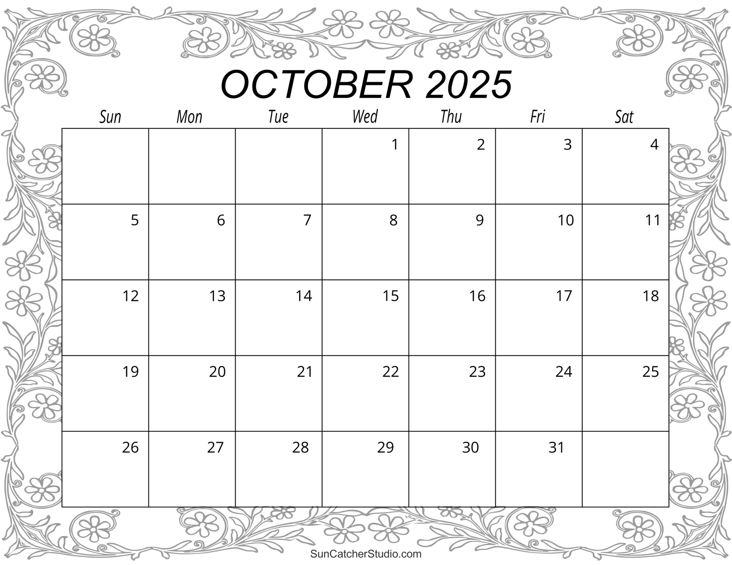 Blank Monthly Calendar Printable October 2025