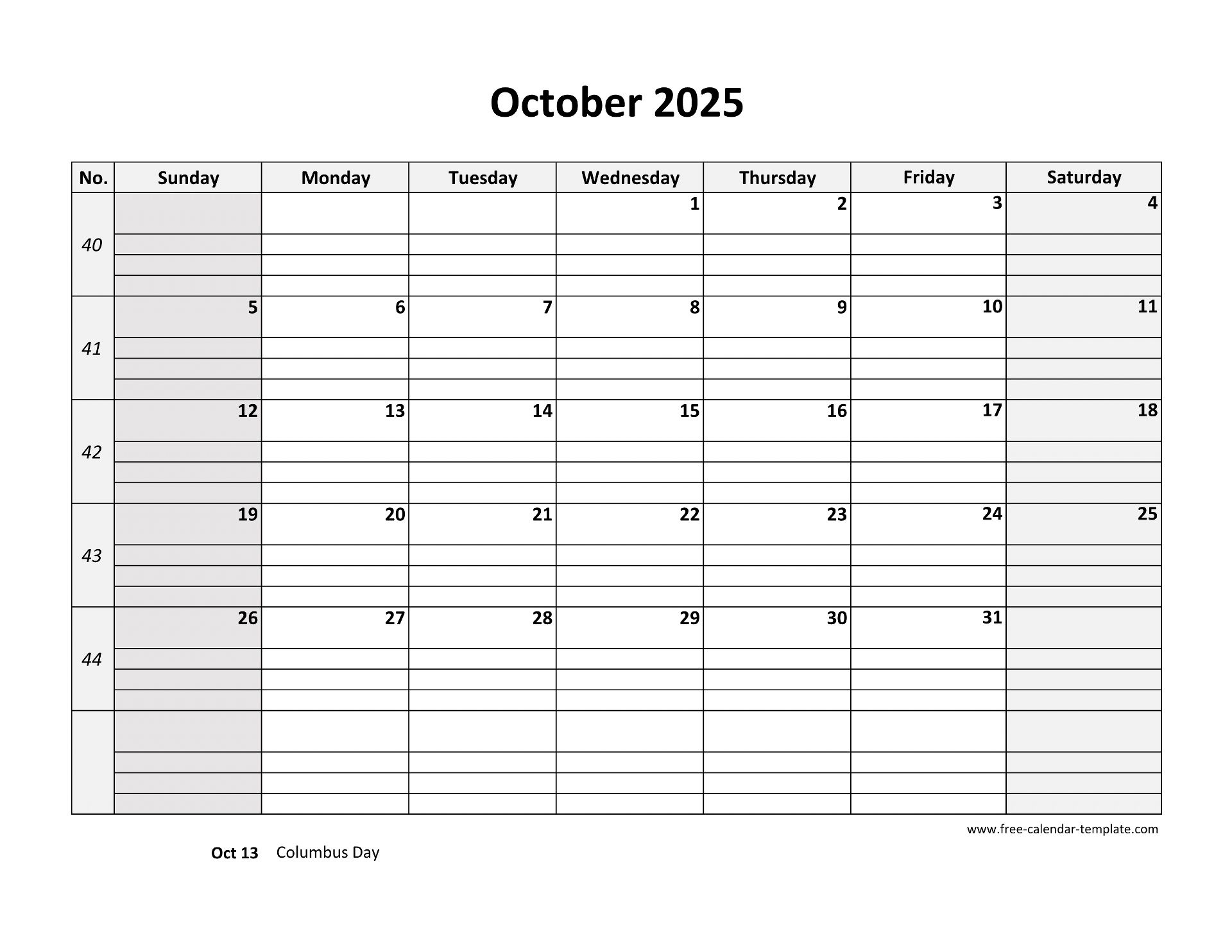 Blank October 2025 Calendar With Lines