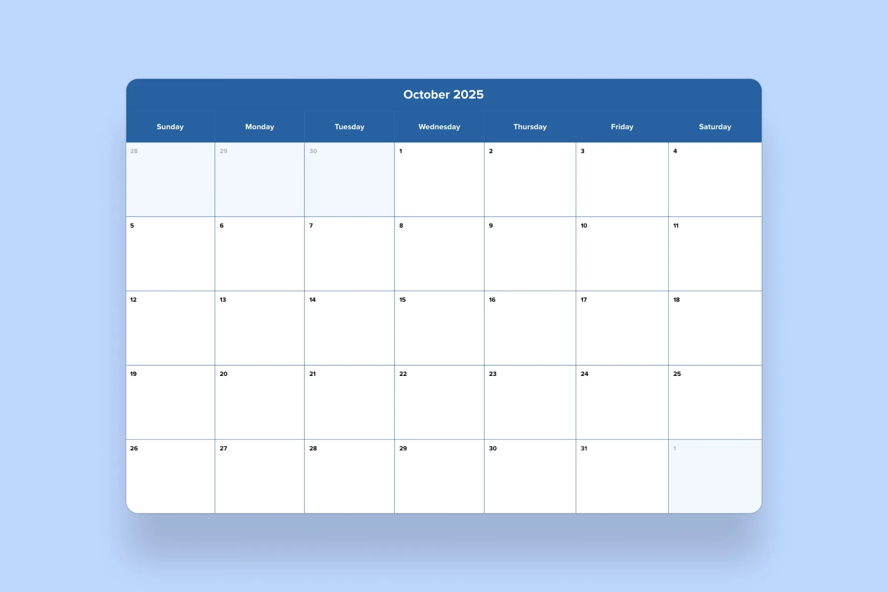 October 2025 Calendar Template