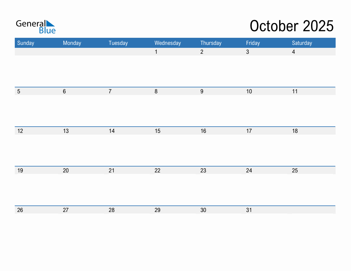 October 2025 Monthly Calendar PDF Word Excel 