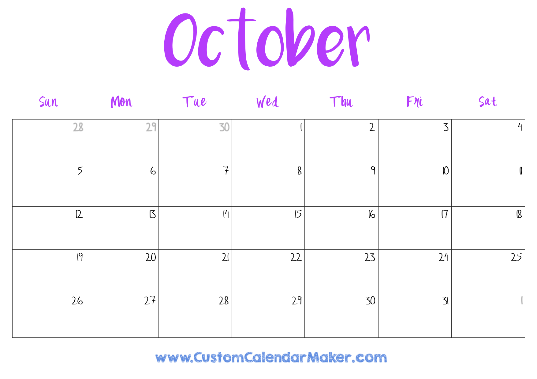 Blank October 2025 Calendar Cute Blank October 2025 Calendar Cute