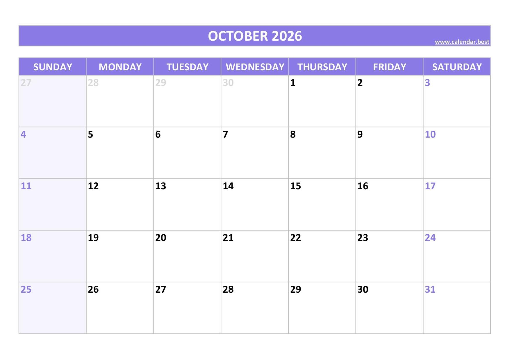 October 2026 Calendar Calendar best October 2026 Calendar Calendar best