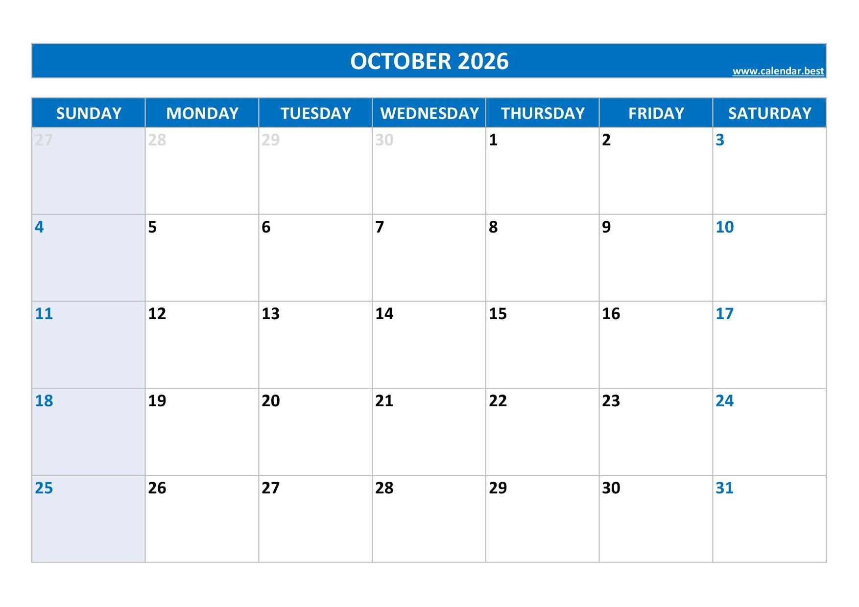 Blank Calendar Page For October 2026