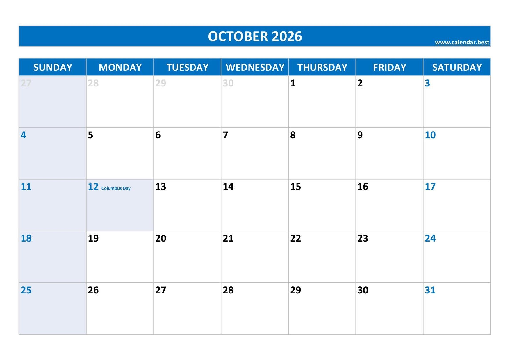 October 2026 Calendar With Holidays