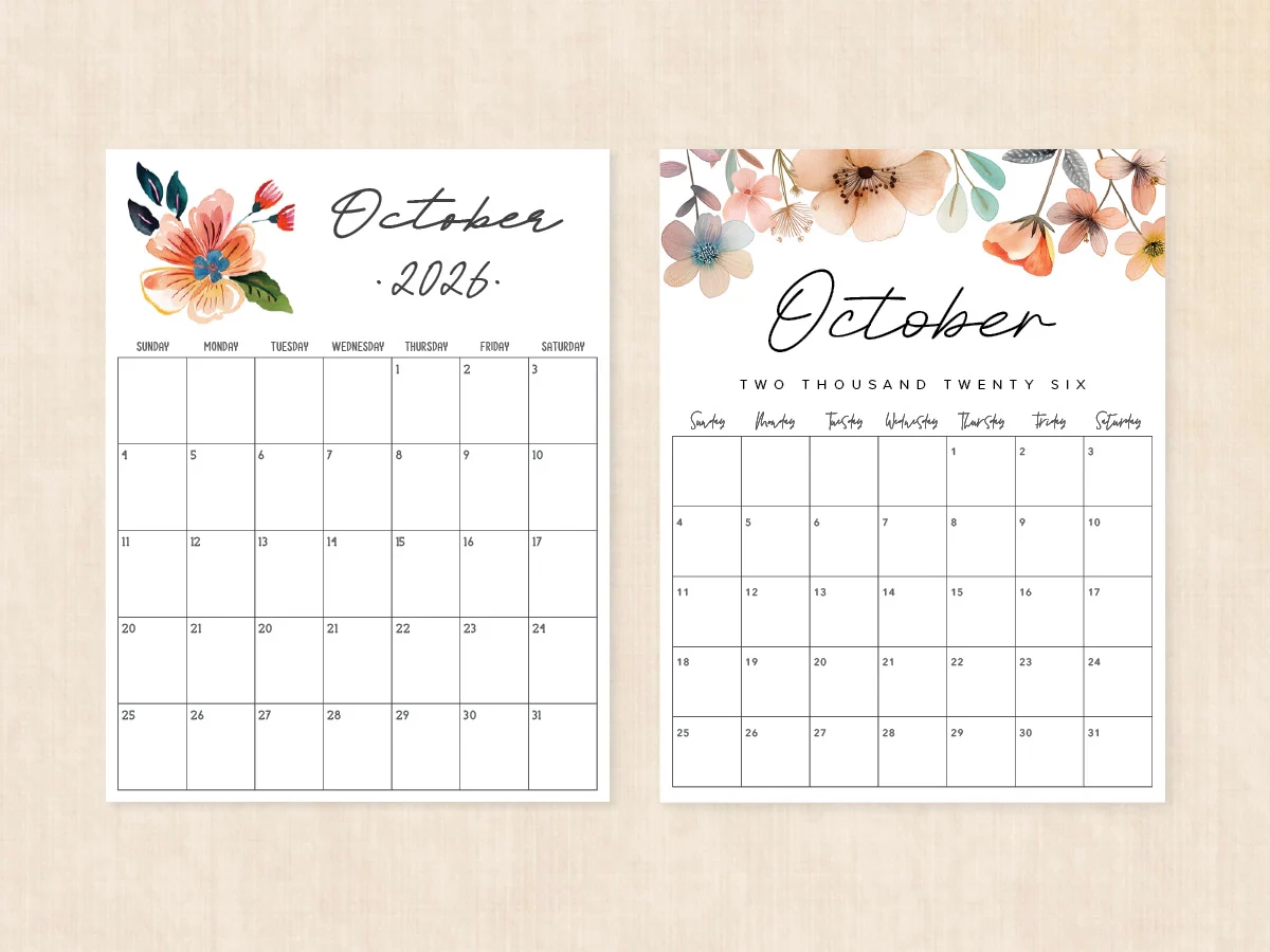 October 2026 Calendar Printable PDF Templates