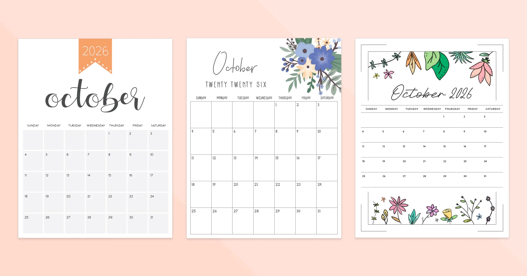 October 2026 Calendar Printable PDF Templates October 2026 Calendar Printable PDF Templates