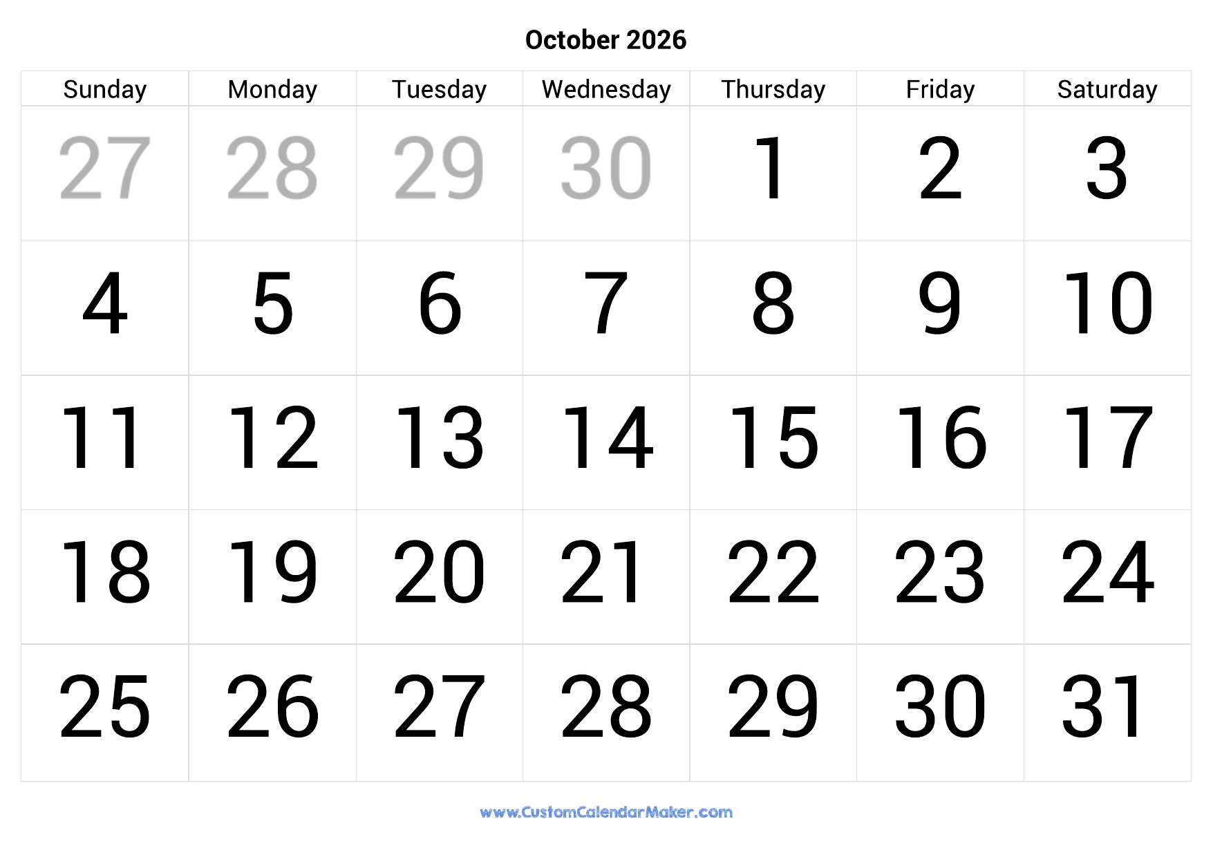 October 2026 Calendar Printable With Large Numbers Custom Calendar Maker October 2026 Calendar Printable With Large Numbers Custom Calendar Maker