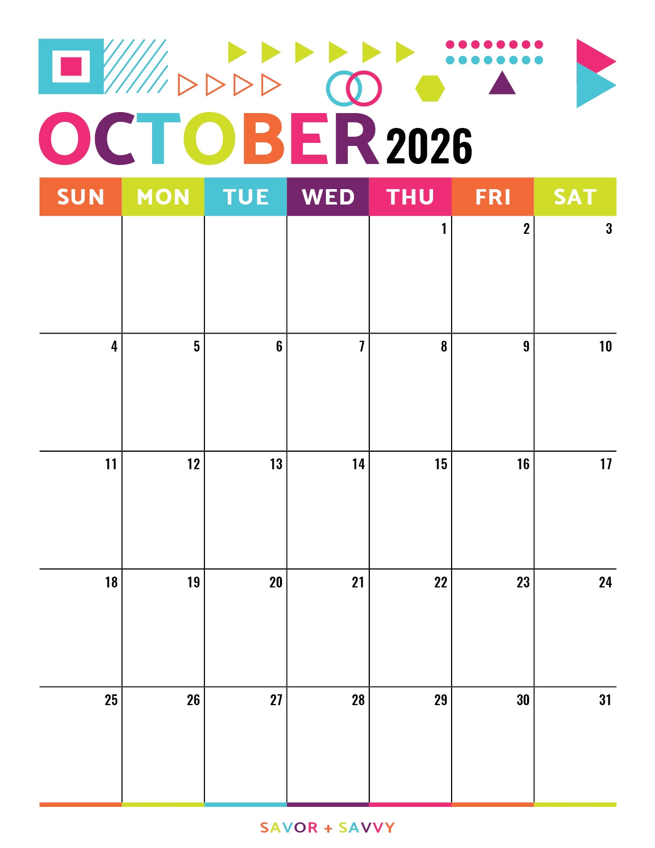 October 2026 Calendar Templates 14 Free Printables Savor Savvy