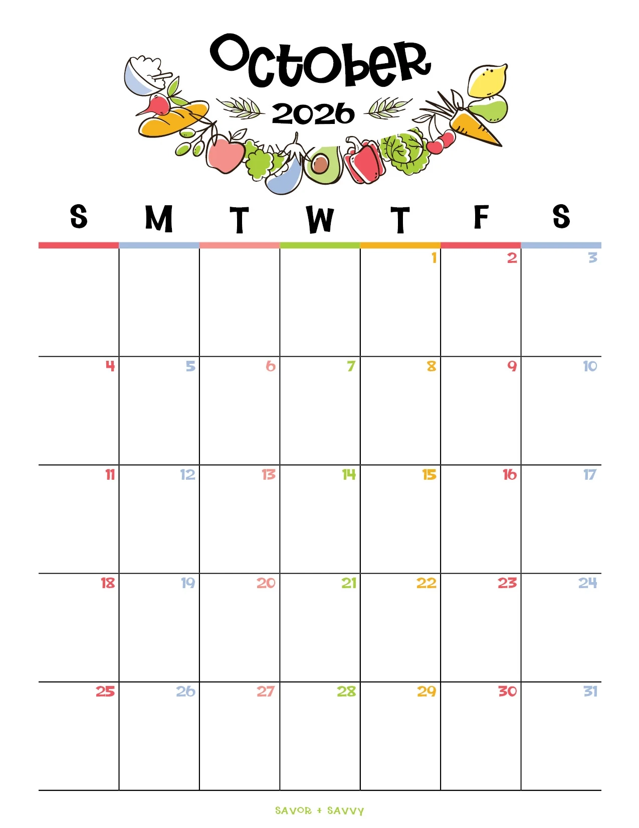 October 2026 Calendar Templates 14 Free Printables Savor Savvy
