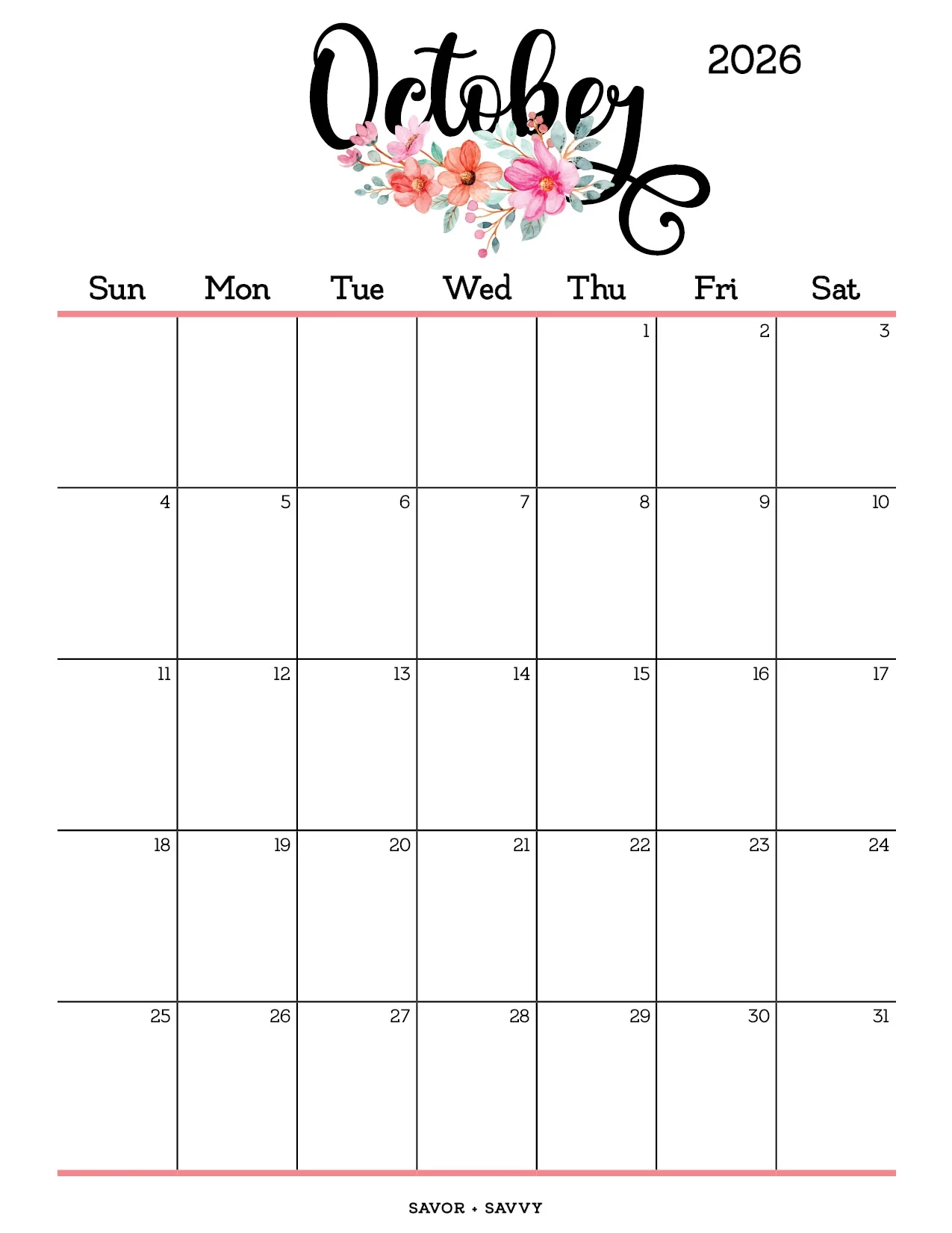 Blank October 2026 Calendar Printable Pdf