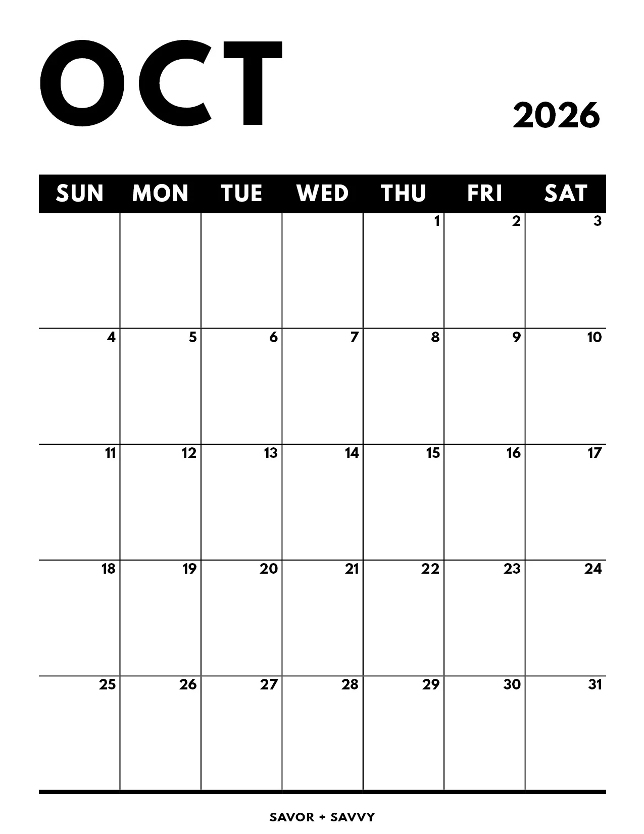 October 2026 Calendar Templates 14 Free Printables Savor Savvy