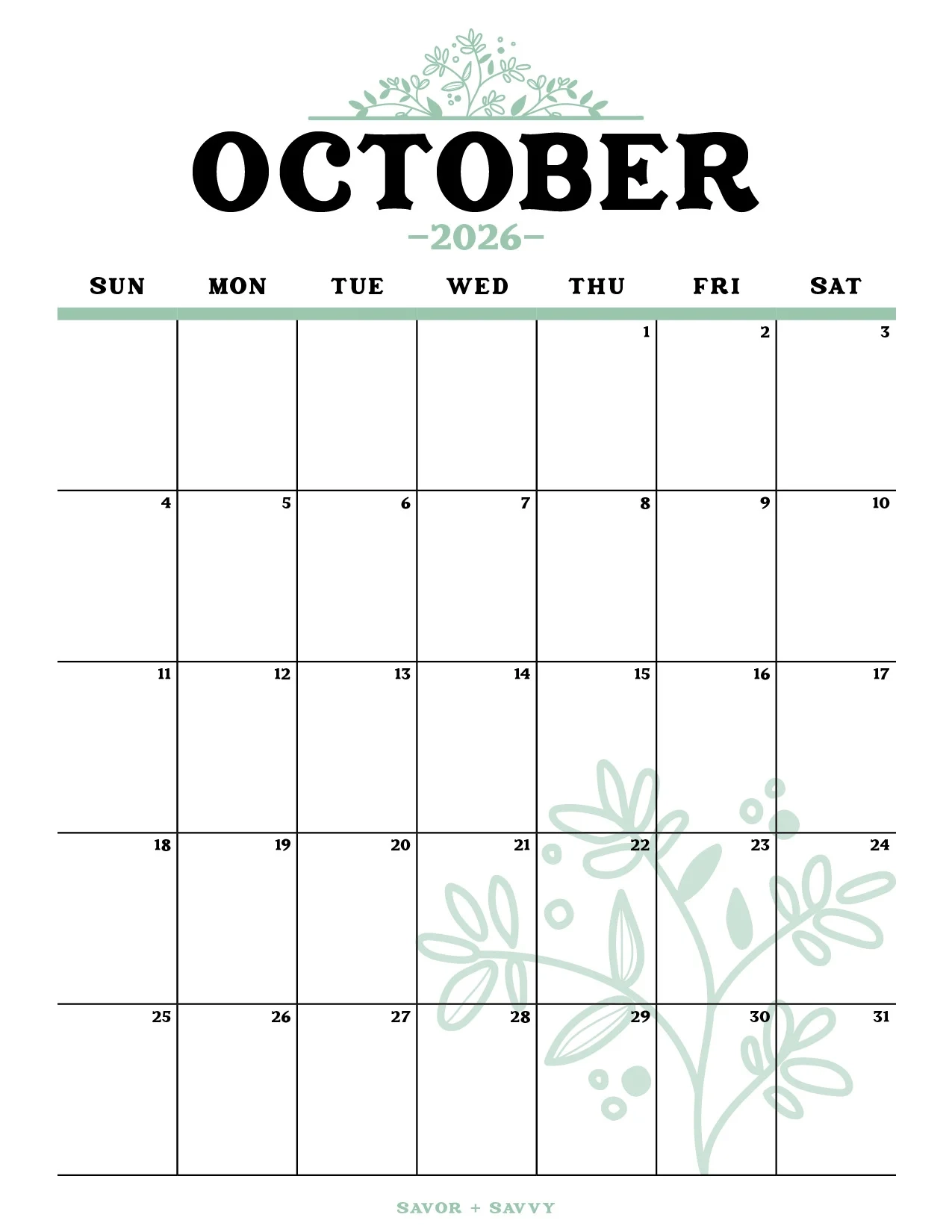 October 2026 Calendar Templates 14 Free Printables Savor Savvy