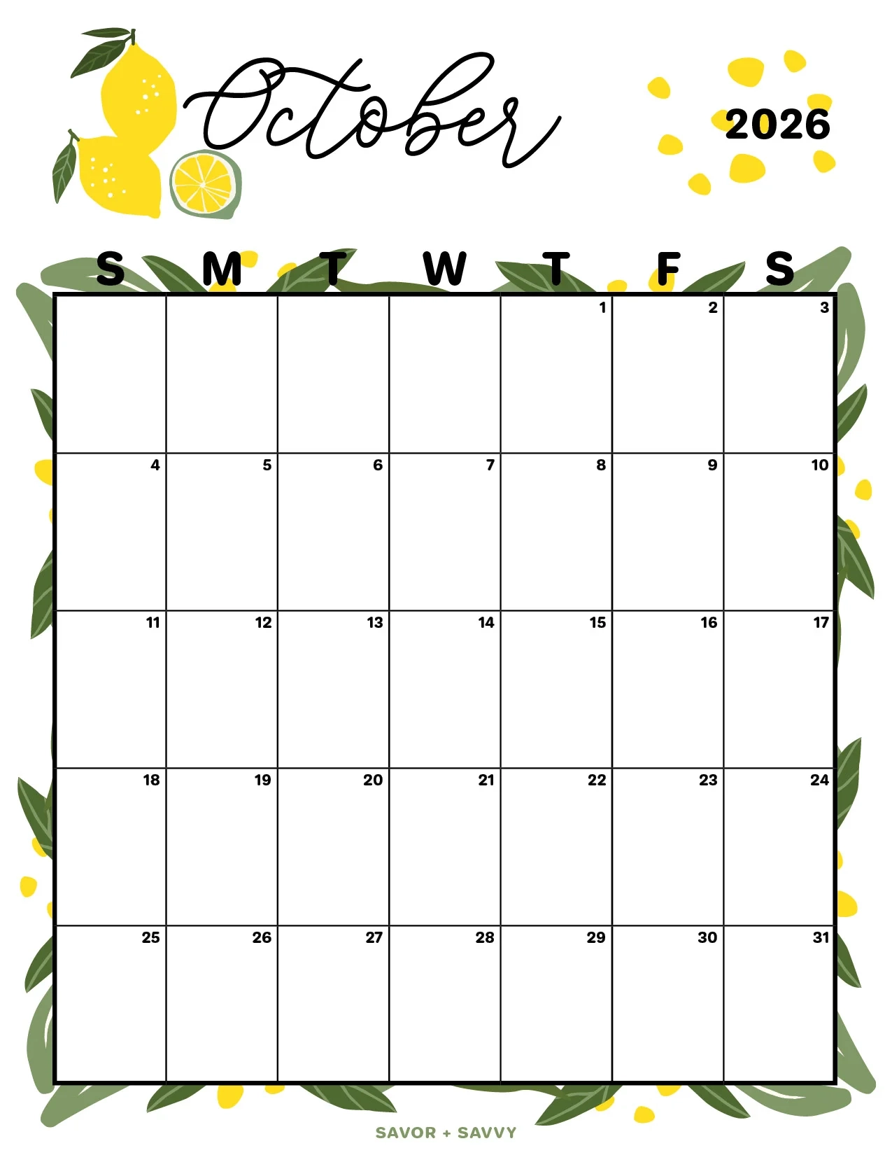 October 2026 Calendar Templates 14 Free Printables Savor Savvy