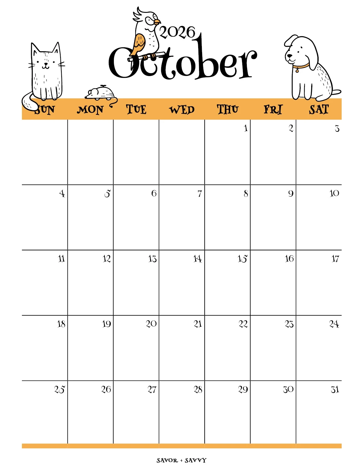 October 2026 Calendar Templates 14 Free Printables Savor Savvy