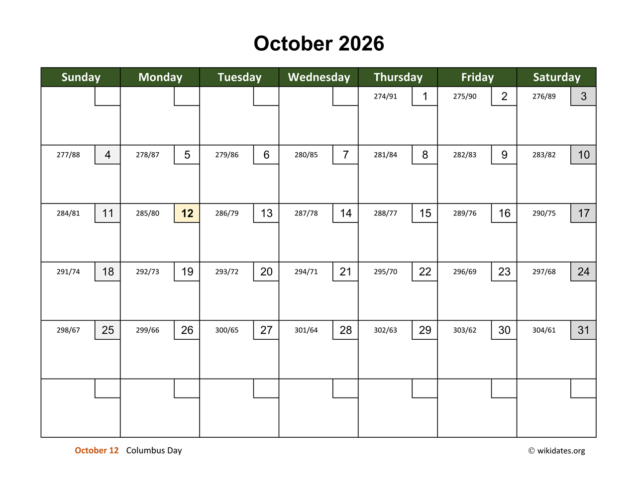 October 2026 Calendar With Day Numbers WikiDates October 2026 Calendar With Day Numbers WikiDates