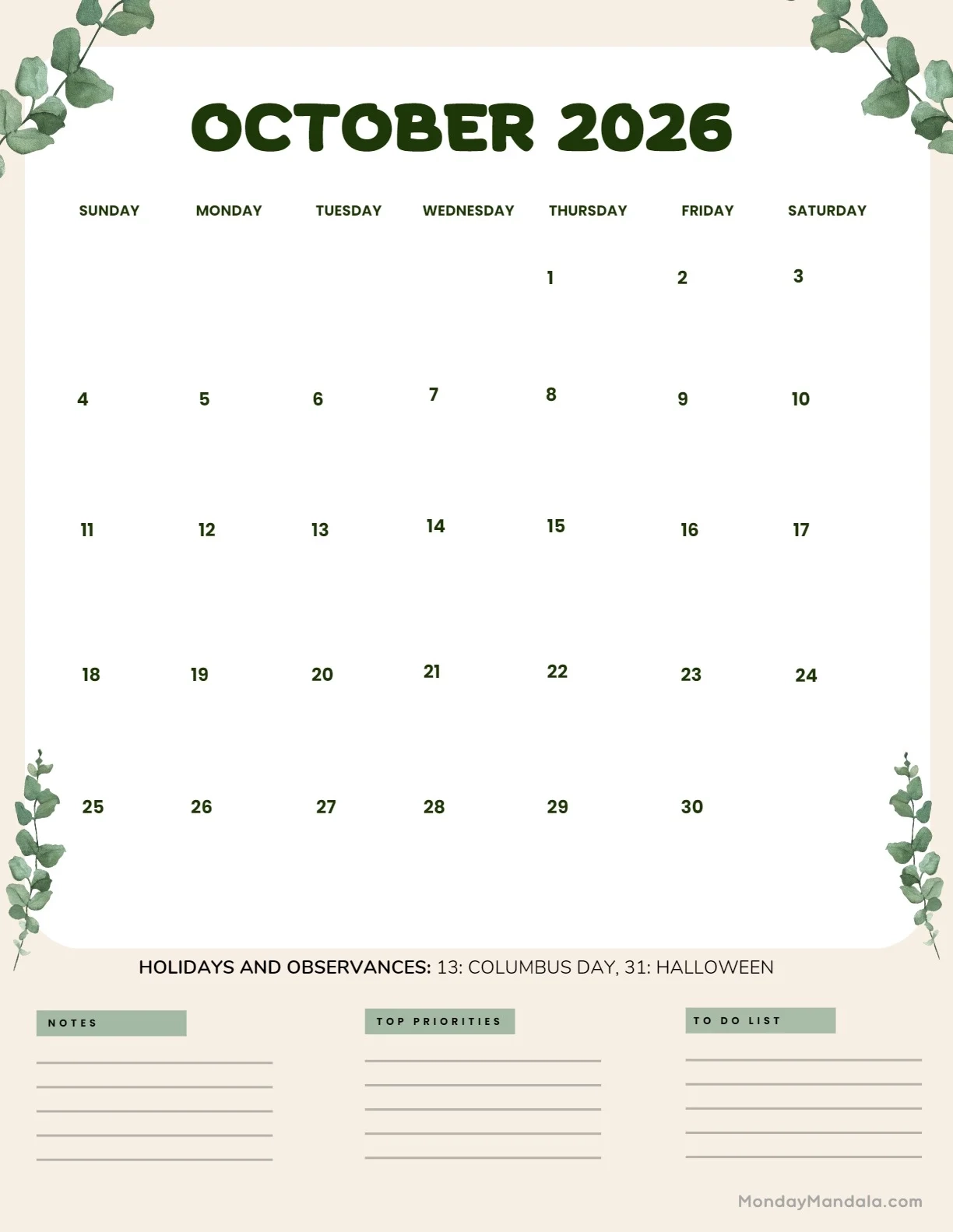 October 2026 Calendars 52 Free PDF Printables October 2026 Calendars 52 Free PDF Printables
