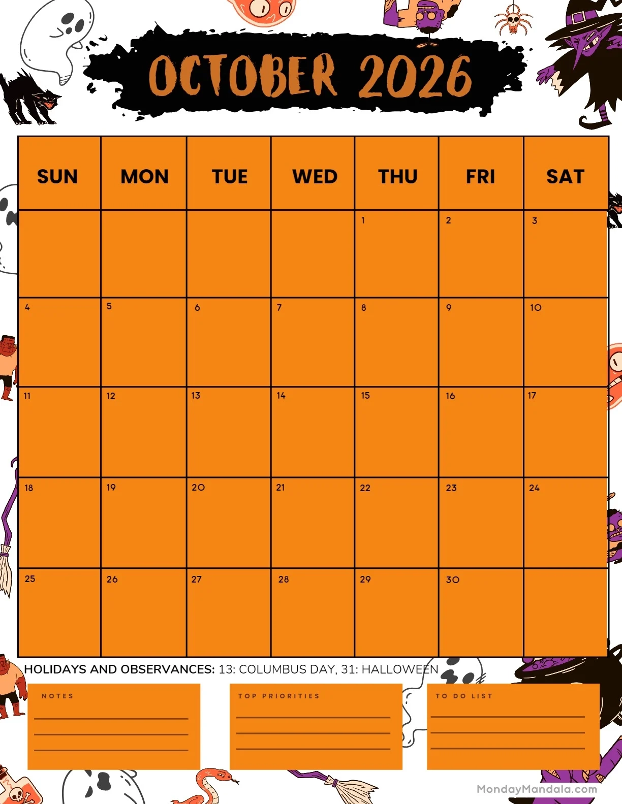 October 2026 Calendars 52 Free PDF Printables October 2026 Calendars 52 Free PDF Printables